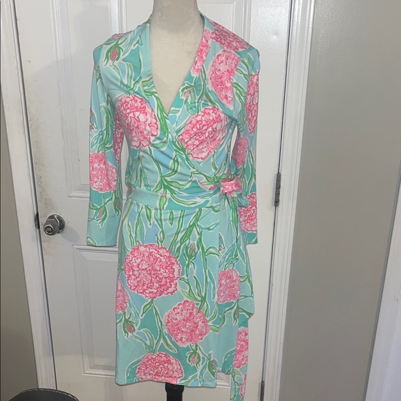 Lilly Pulitzer MERIDIAN WRAP DRESS IN POOLSIDE BLUE GOING STAG SIZE Medium - Picture 2 of 6